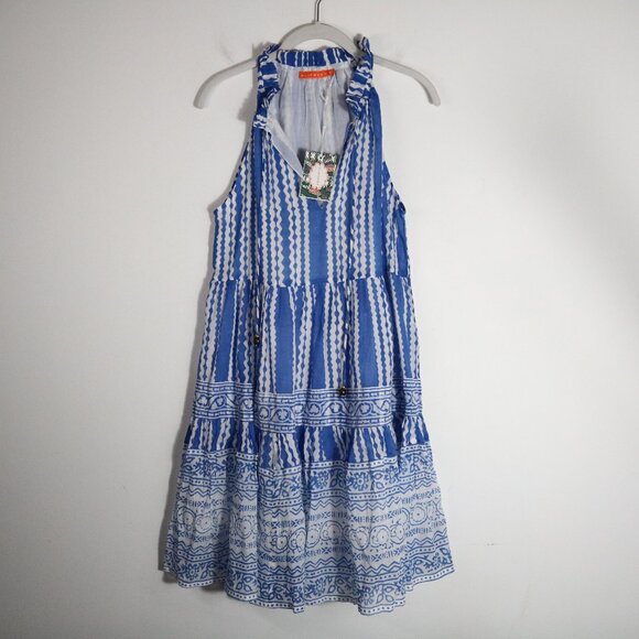 Oliphant Sleeveless Tiered Short Ziggy Mini Dress Womens XS Blue Boho Cotton - Picture 1 of 7